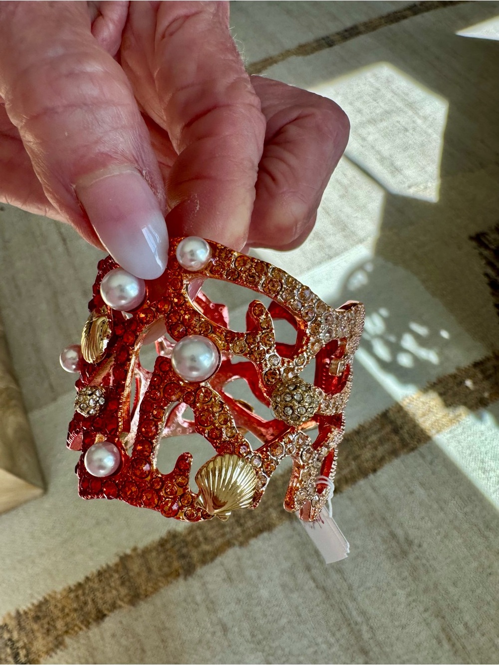 Betsey Johnson Red Crystal Coral Cuff with Faux Pearls & Gold Shells - Picture 4 of 6